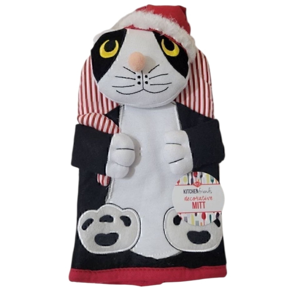 Ritz Kitchen Friends Cotton Oven Mitt Cat w/Santa Hat New Holiday Gift Decor